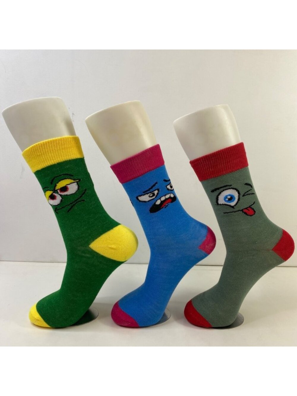 Unisex Crew Socks Set 3 Cartoon Face Print Green Blue Red Yellow White